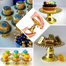 12 Pack | 5inch Gold Mirror Finish Mini Plastic Pedestal Cupcake Plates With Beaded Rim