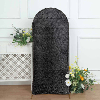 Black Shimmer Tinsel Spandex Wedding Arch Cover For Fitted Round Top Chiara Backdrop Stand 5ft