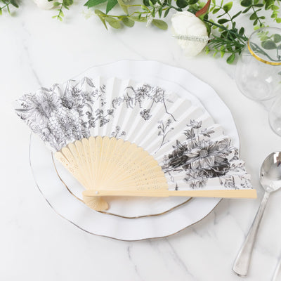 5-Pack Paper Folding Fans in White & Black French Toile Pattern, Handheld Party Favors Fans with Bamboo Frame