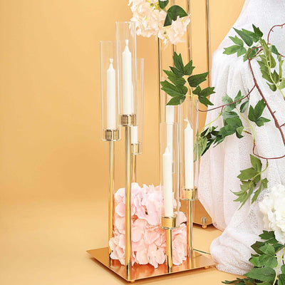 6-Arm Gold Cluster Taper Candle Holder with Clear Glass Shades 24" - Chic Candle Arrangement for Intimate Events
