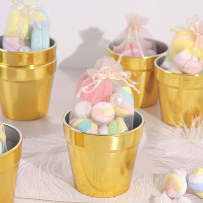 6 Pack Gold Plastic Party Favor Bucket-Containers, Mini Succulent Nursery Planters, Flower Pot Crafts 3"