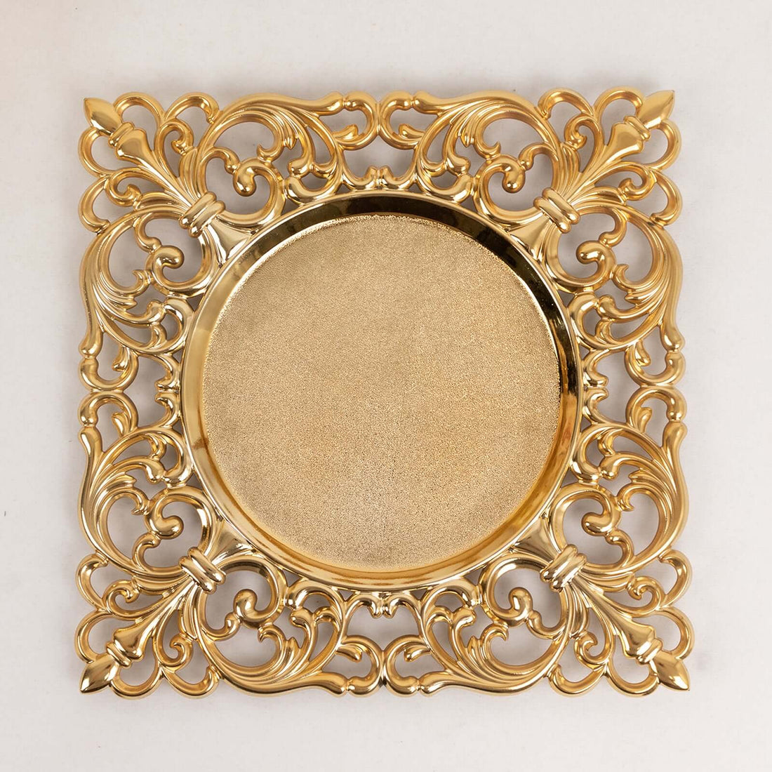 Gold square lace charger plates for wedding table setting