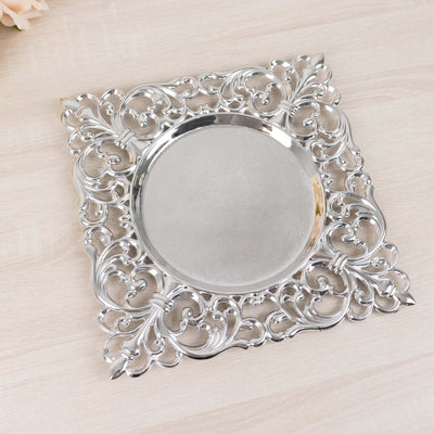 6-Pack Acrylic Charger Plates 12" Square Silver with Hollow Lace Border - Event Tabletop Decorative Charger Tableware