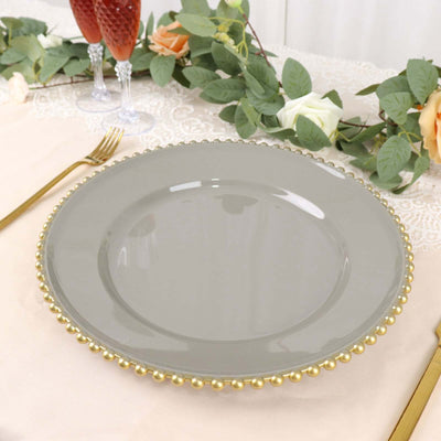 6-Pack Acrylic Charger Plates 13" Round Charcoal Gray with Gold Beaded Rim - Decorative Dinner Party Charger Tableware