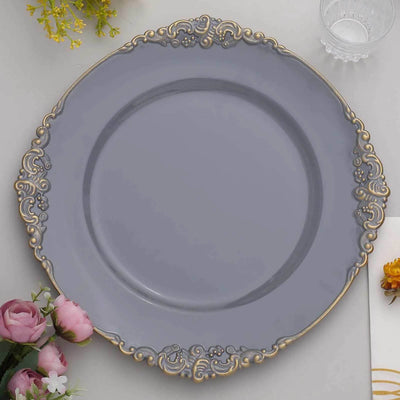 6-Pack Acrylic Charger Plates 13" Round Charcoal Gray with Gold Embossed Baroque Rim - Antique Decorative Dinner Tableware