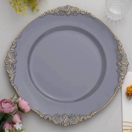 6-Pack Acrylic Charger Plates 13" Round Charcoal Gray with Gold Embossed Baroque Rim - Antique Decorative Dinner Tableware