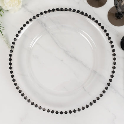 6-Pack Acrylic Charger Plates 13" Round Clear with Black Beaded Rim - Decorative Dinner Party Charger Tableware