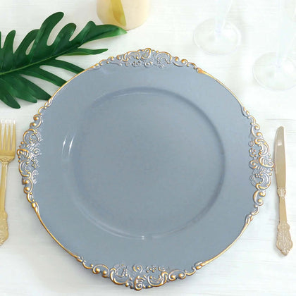 6-Pack Acrylic Charger Plates 13" Round Dusty Blue with Gold Embossed Baroque Rim - Antique Decorative Dinner Tableware