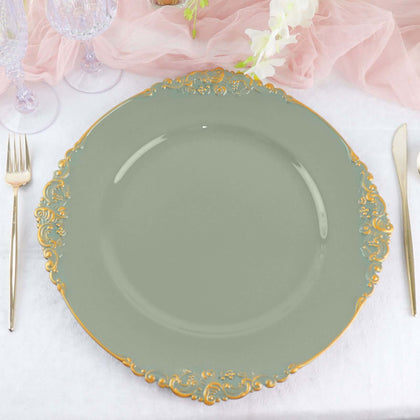 6-Pack Acrylic Charger Plates 13" Round Dusty Sage Green with Gold Embossed Baroque Rim - Antique Decorative Dinner Tableware