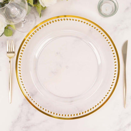 6-Pack Acrylic Charger Plates 13" Round Clear With Gold Beaded Rim - Dinner Charger Tabletop Decor