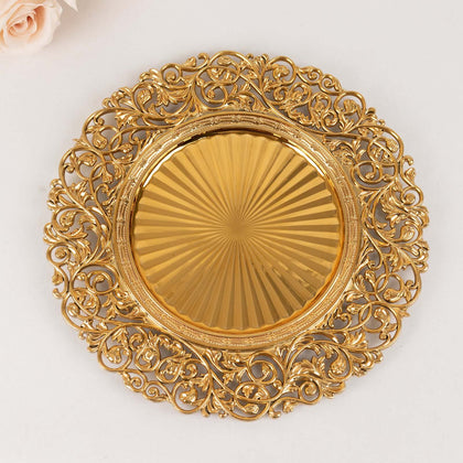 6-Pack Acrylic Charger Plates 13" Round Gold with Vintage Floral Carved Rim - Event Tabletop Decorative Charger Tableware