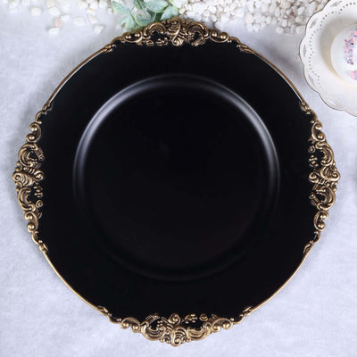 6-Pack Acrylic Charger Plates 13" Round Matte Black with Gold Embossed Baroque Rim - Antique Decorative Dinner Party Charger Tableware