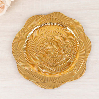 6-Pack Acrylic Charger Plates 13" Round Metallic Gold Ribbed Rose Pattern - Event Tabletop Decorative Charger Tableware