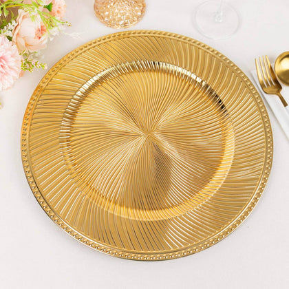 6-Pack Acrylic Charger Plates 13" Round Metallic Gold Swirl Pattern with Beaded Rim - Plastic Decorative Dinner Party Charger Tableware