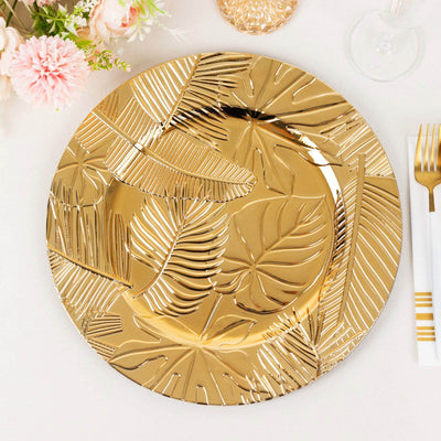 6-Pack Acrylic Charger Plates 13" Round Metallic Gold with Embossed Tropical Leaves - Decorative Dinner Charger Tableware