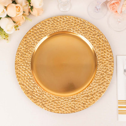 6-Pack Acrylic Charger Plates 13" Round Metallic Gold with Hammered Rim - Plastic Decorative Dinner Party Charger Tableware