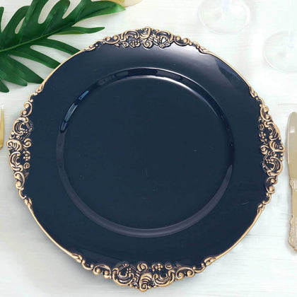 6-Pack Acrylic Charger Plates 13" Round Navy Blue with Gold Embossed Baroque Rim - Antique Decorative Dinner Tableware