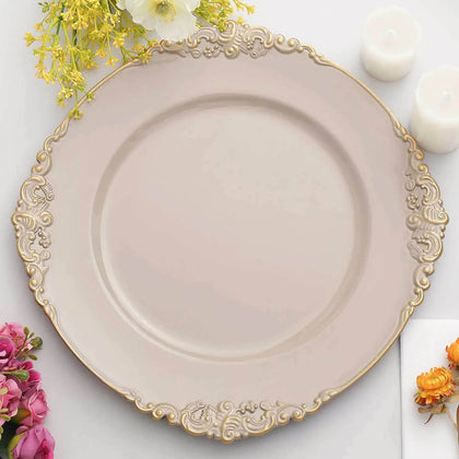 6-Pack Acrylic Charger Plates 13" Round Nude Taupe with Gold Embossed Baroque Rim - Antique Decorative Dinner Tableware