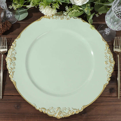 6-Pack Acrylic Charger Plates 13" Round Sage Green with Gold Embossed Baroque Rim - Antique Decorative Dinner Tableware