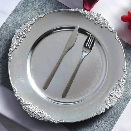 6-Pack Acrylic Charger Plates 13" Round Silver Embossed Baroque Rim - Antique Decorative Dinner Tableware