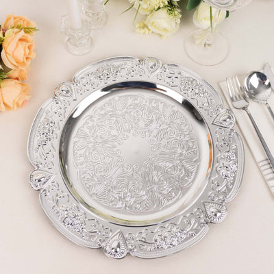 6-Pack Acrylic Charger Plates 13" Round Silver Floral Embossed with Scalloped Rim - Plastic Decorative Charger Tableware
