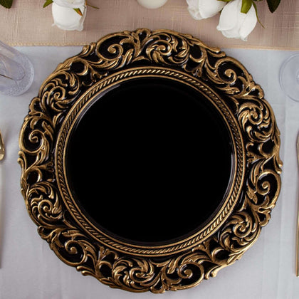 6-Pack Acrylic Charger Plates 14" Round Black Gold with Engraved Baroque Rim - Vintage Disposable Decorative Chargers