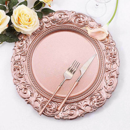 6-Pack Acrylic Charger Plates 14" Round Rose Gold with Engraved Baroque Rim - Vintage Disposable Decorative Chargers