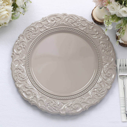 6-Pack Acrylic Charger Plates 14" Round Taupe with Engraved Baroque Rim - Vintage Disposable Decorative Chargers