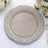 Decorative gray charger plate with intricate design on a white background.