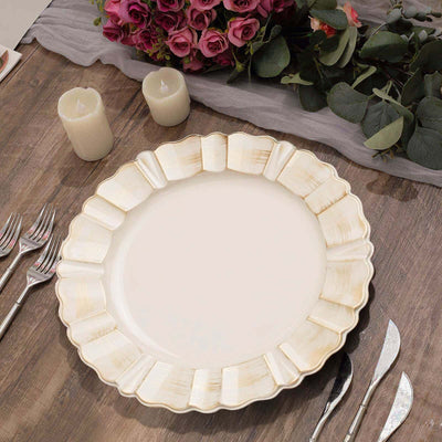 6-Pack Acrylic Plastic Charger Plates 13" Round Beige with Gold Brushed Wavy Scalloped Rim - Dinner Charger Tableware