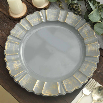 6-Pack Acrylic Plastic Charger Plates 13" Round Charcoal Gray with Gold Brushed Wavy Scalloped Rim - Dinner Charger Tableware