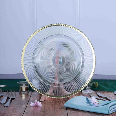 6-Pack Acrylic Plastic Charger Plates 13" Round Clear with Gold Sunray Wavy Rim - Exquisite Dinner Serving Plates
