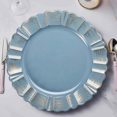 6-Pack Acrylic Plastic Charger Plates 13" Round Dusty Blue with Gold Brushed Wavy Scalloped Rim - Dinner Charger Tableware