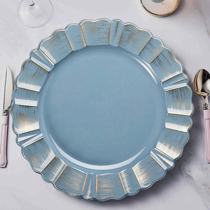 6-Pack Acrylic Plastic Charger Plates 13" Round Dusty Blue with Gold Brushed Wavy Scalloped Rim - Dinner Charger Tableware