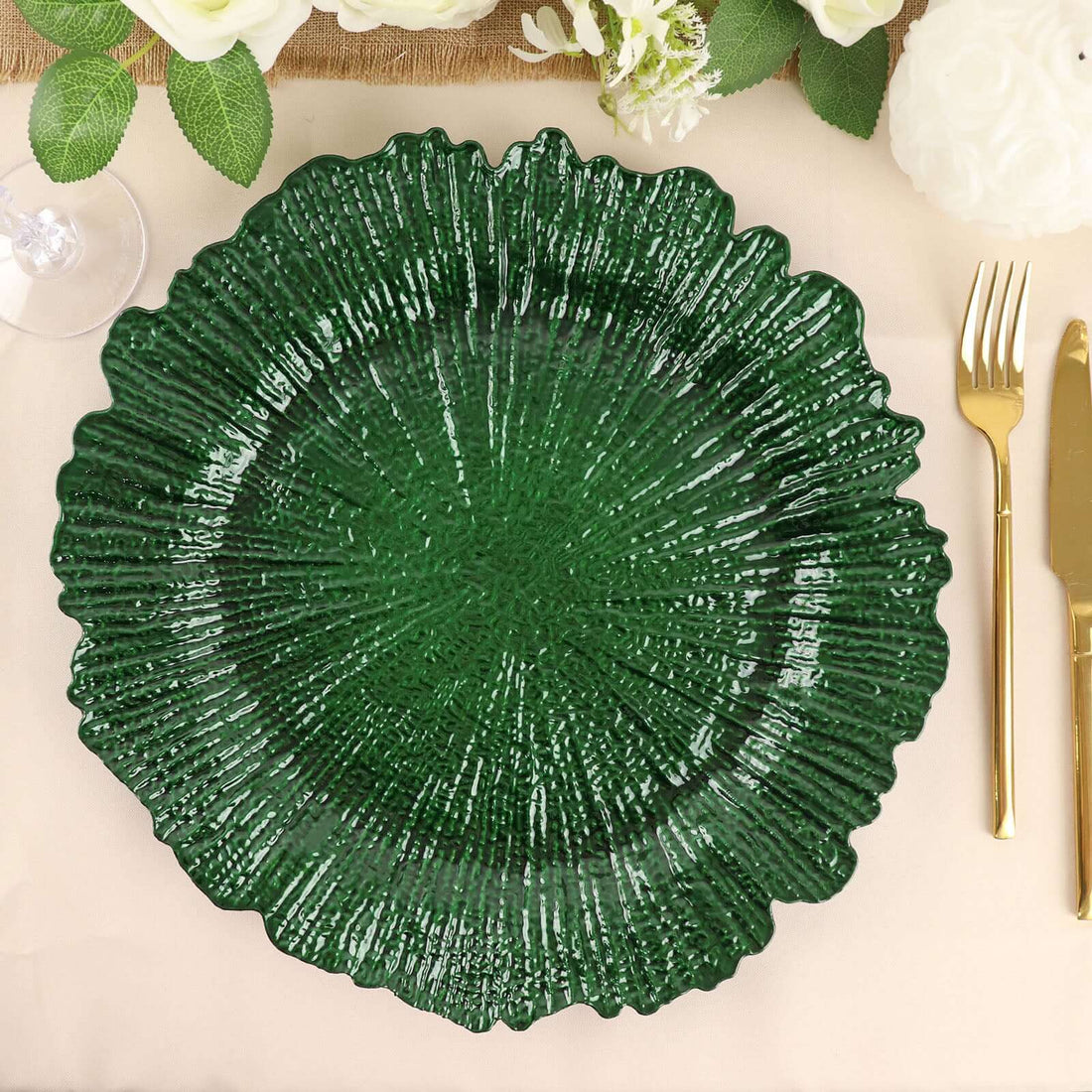 Green textured decorative platter on a neutral table setting.