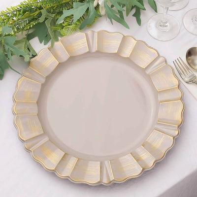 6-Pack Acrylic Plastic Charger Plates 13" Round Nude Taupe with Gold Brushed Wavy Scalloped Rim - Dinner Charger Tableware
