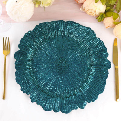 6-Pack Acrylic Plastic Charger Plates 13" Round Peacock Teal Reef Design - Decorative Dinner Charger Tableware