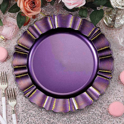 6-Pack Acrylic Plastic Charger Plates 13" Round Purple with Gold Brushed Wavy Scalloped Rim - Dinner Charger Tableware