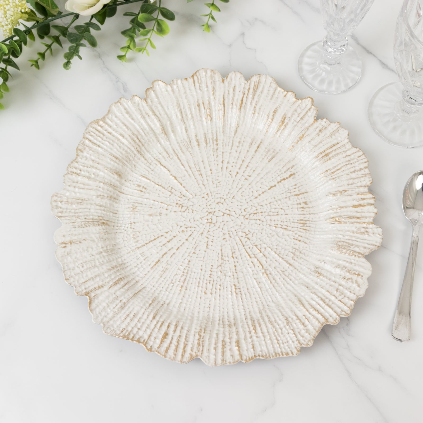 6-Pack Acrylic Plastic Charger Plates 13" Round Antique White Reef Design - Decorative Dinner Charger Tableware