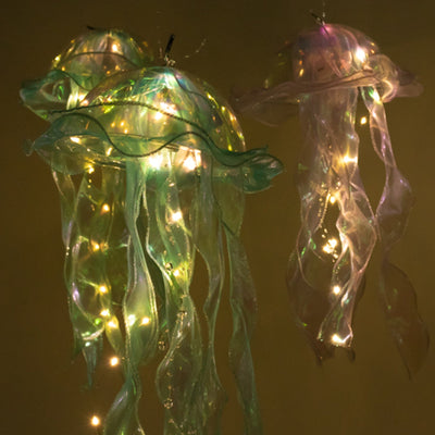6 Pack Blue Purple Jelly Fish LED Lantern Hanging Lights, 3 Flashing Modes Organza Ribbon Jellyfish Lamp Mermaid Theme Party Decor - 17"