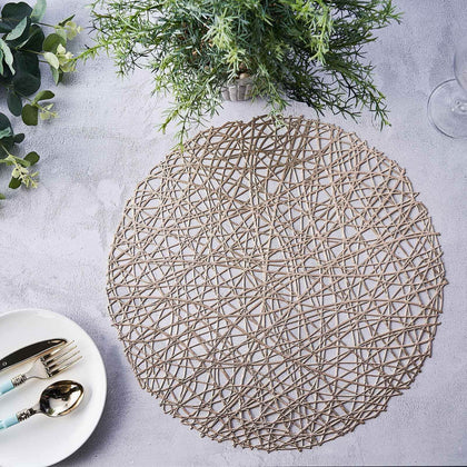 6-Pack Vinyl Placemats 15" Champagne Metallic Woven Design - Decorative Non-Slip Round Table Mats