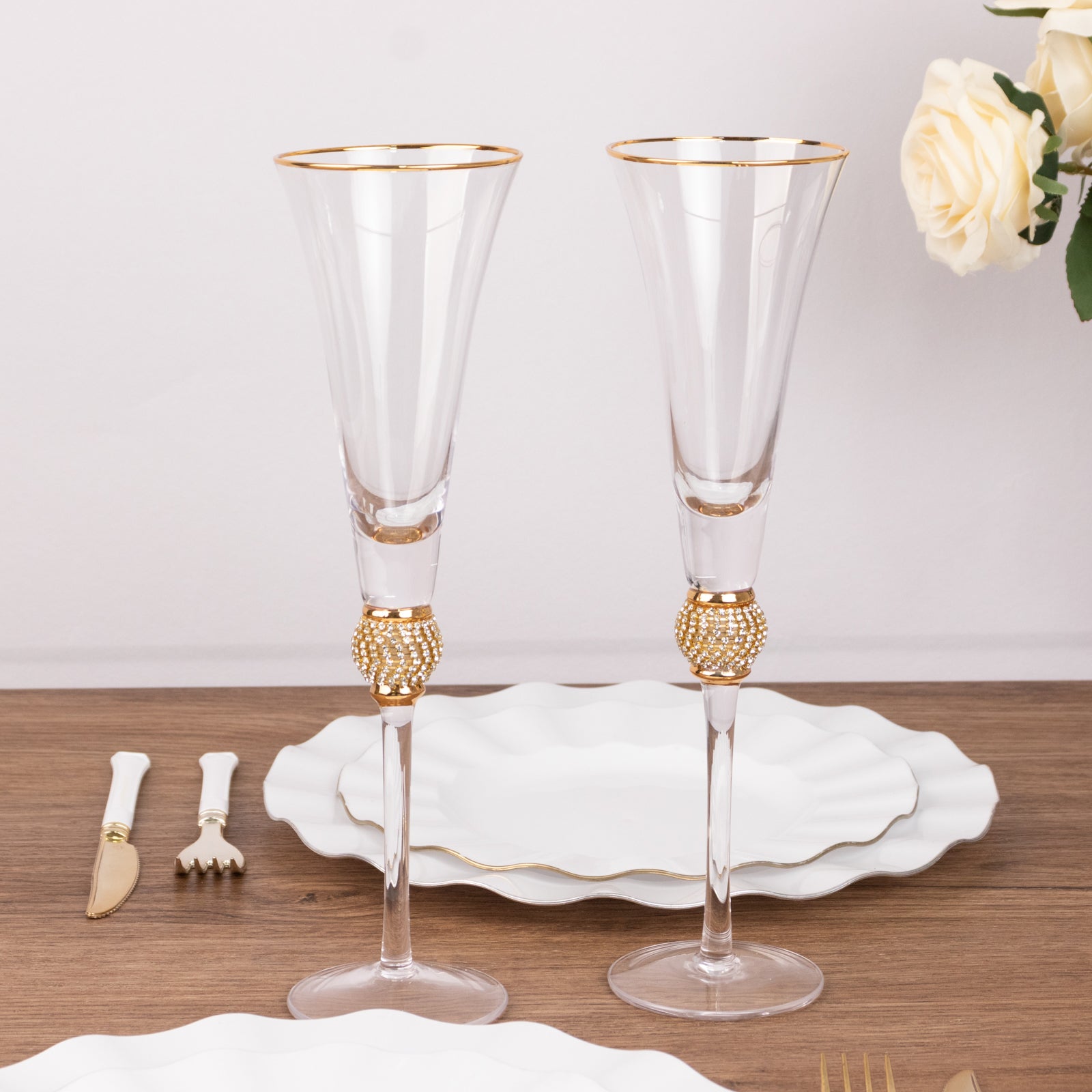 6-Pack Clear Champagne Flute Glasses 6Oz Gold Rim Design With Studded Rhinestones 11
