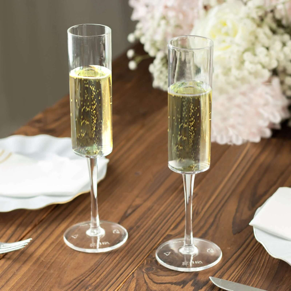 6-Pack Clear Plastic Champagne Flute Glasses 6oz, Cylindrical Shape with  Long Stems