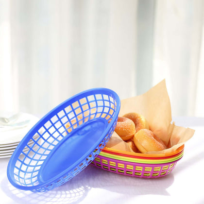 6-Pack Plastic Food Baskets with 50 Wax Paper Liners - Colorful Individual Deli Serving Oval Tray Baskets