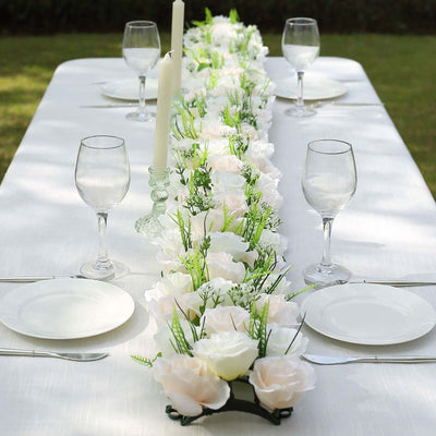 6 Pack Cream Ivory Silk Rose Flower Panel Table Runner, Artificial Floral Arrangements Dining Table Decor - 20"x8"