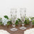 Crystal champagne flutes on a wooden table with greenery.