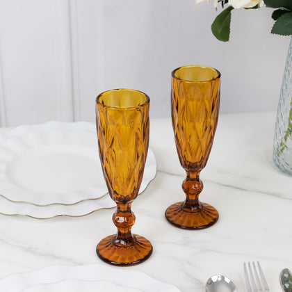 6-Pack Crystal Cut Champagne Flute Glasses 6oz Textured Design Transparent Amber Gold 8" - Wine Goblets for Toasts & Celebrations