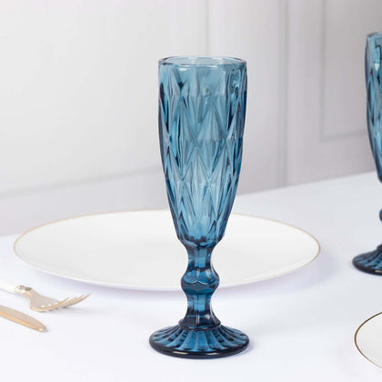 6-Pack Crystal Cut Champagne Flute Glasses 6oz Textured Design Transparent Ocean Blue 8" - Wine Goblets for Toasts & Celebrations