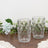 Two crystal clear glasses on a wooden surface with greenery in the background.
