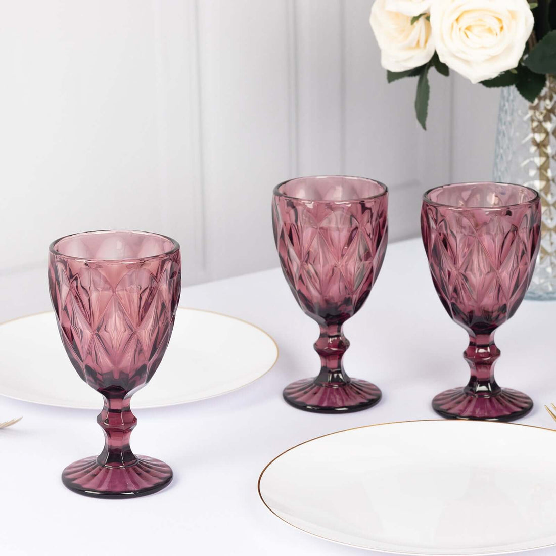 6-Pack Crystal Cut Wine Glasses 12Oz Embossed Design Stemmed Dusty Rose 7